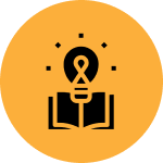 icone miniature arrondie noir sur fond orange symbole inspiration une ampoule qui sort d'un livre